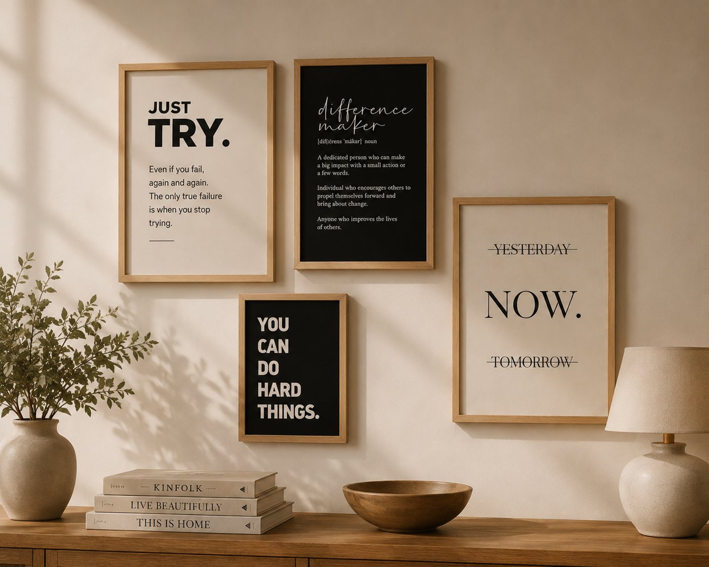 Four oak-framed prints in a warm living room